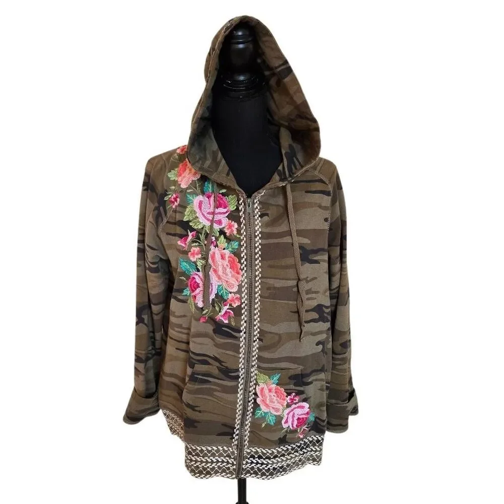 Johnny Was Womens Floral Camo Embroidered Zip Up Hoodie Green Pink Size Large